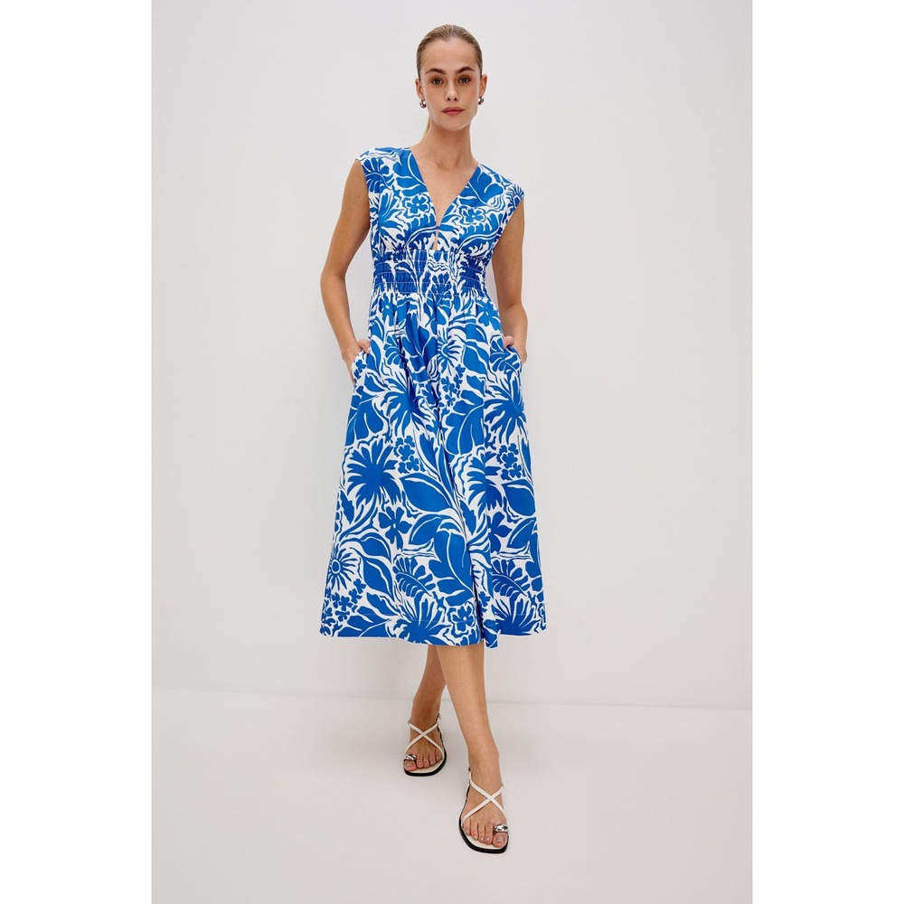 Rails Roxanne Midi Dress Blue White Floral Smocked Waist V-Neck Pockets S